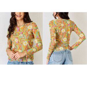 J.NNA "Groovy Swirl" Boho Retro Print Sheer Jersey LS Tank Top, Orange/Multi - M